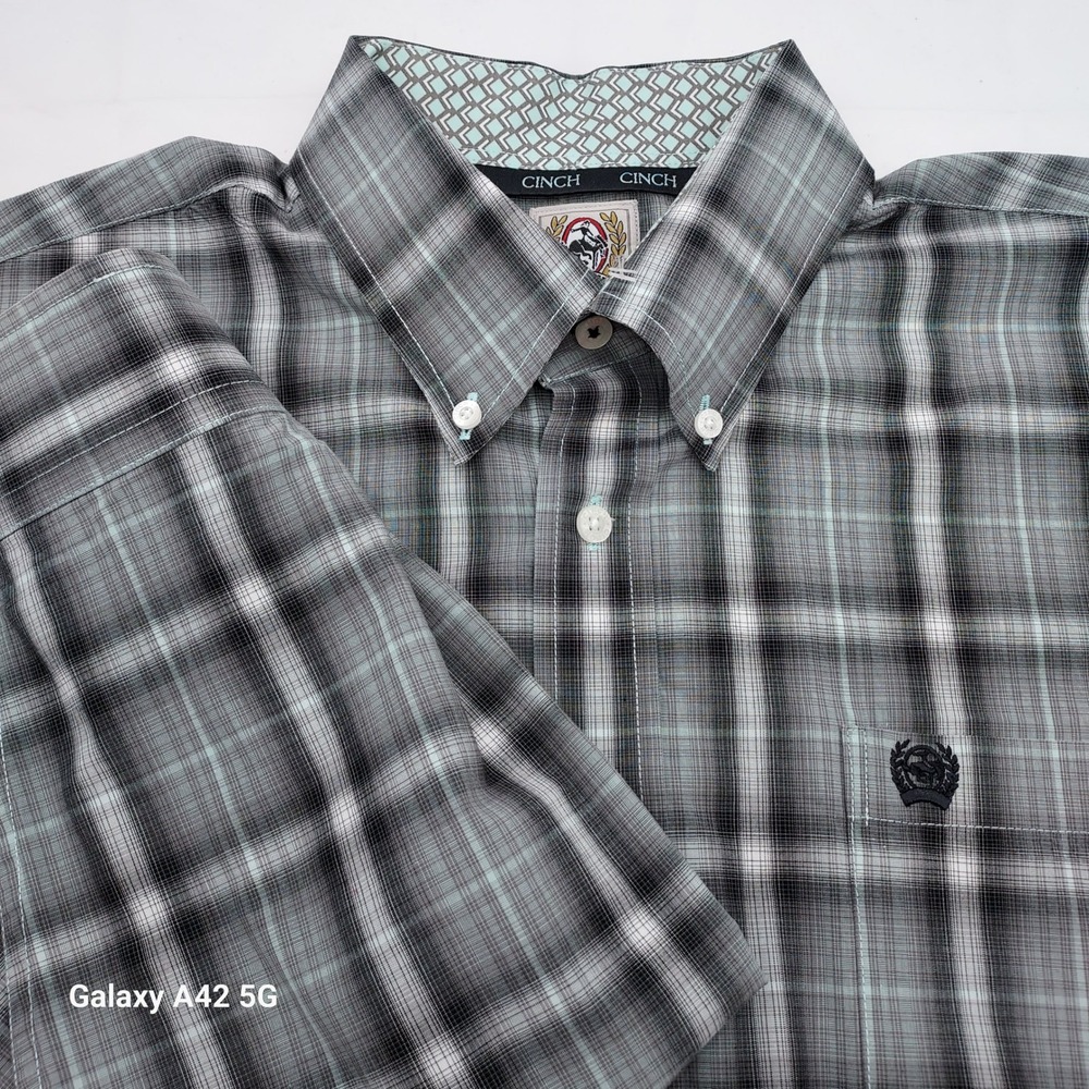 Cinch Mens Grey Teal Plaid Long Sleeve Western Button Down Shirt MTW1104073 M